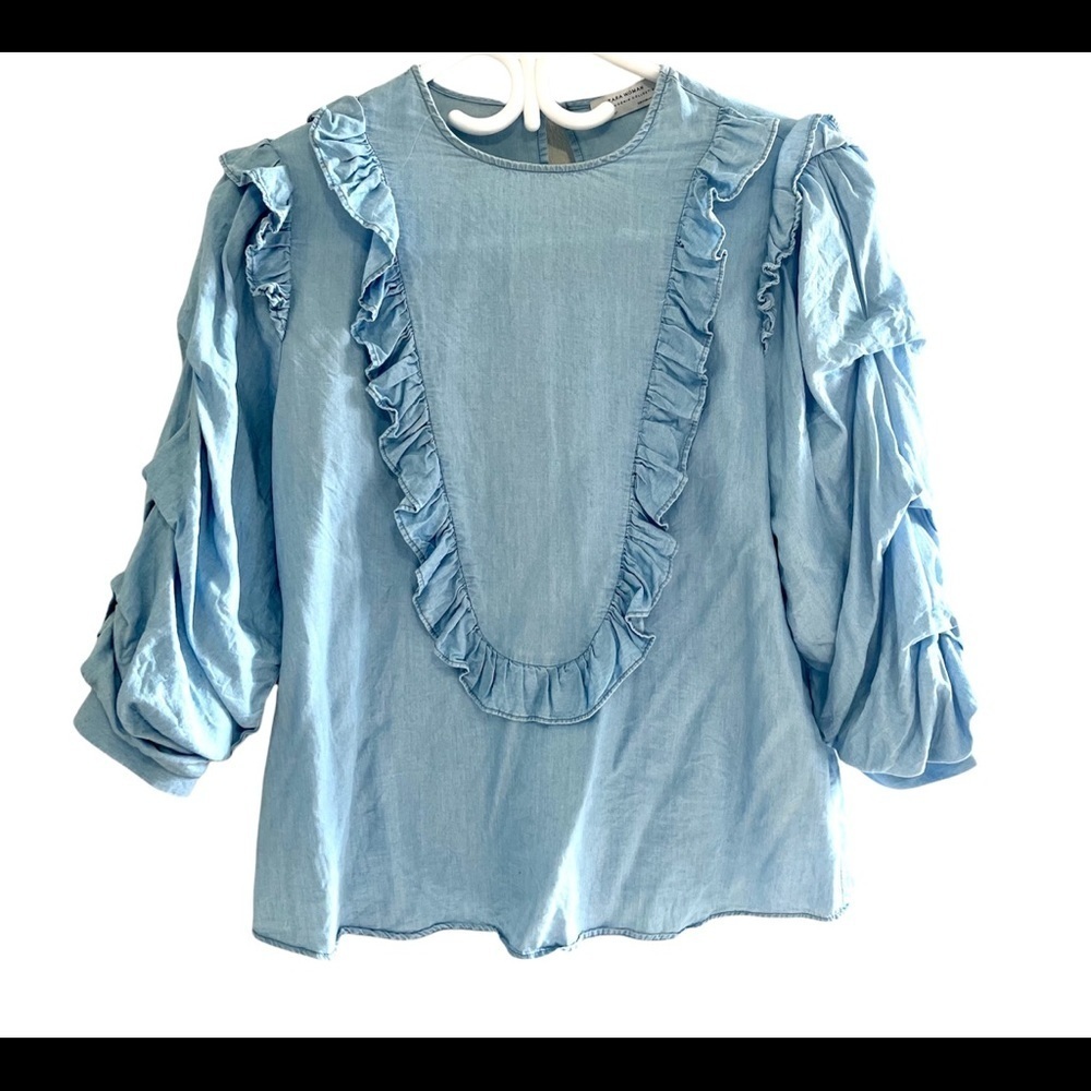 ‼️sold‼️ZARA PREMIUM DENIM COLLECTION TOP WITH RUFFLED DETAILS